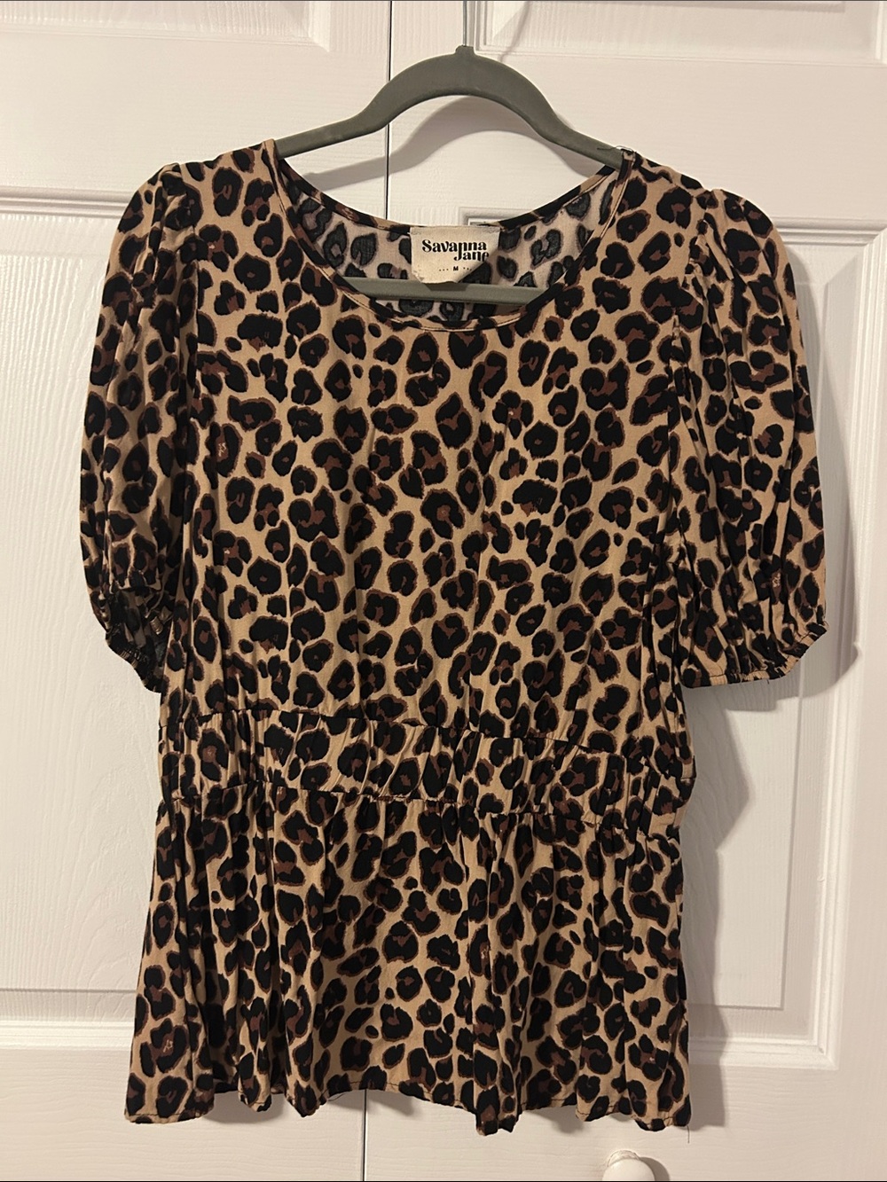 Leopard Print Brown Puff Sleeve Top With Gathered Elastic Waist